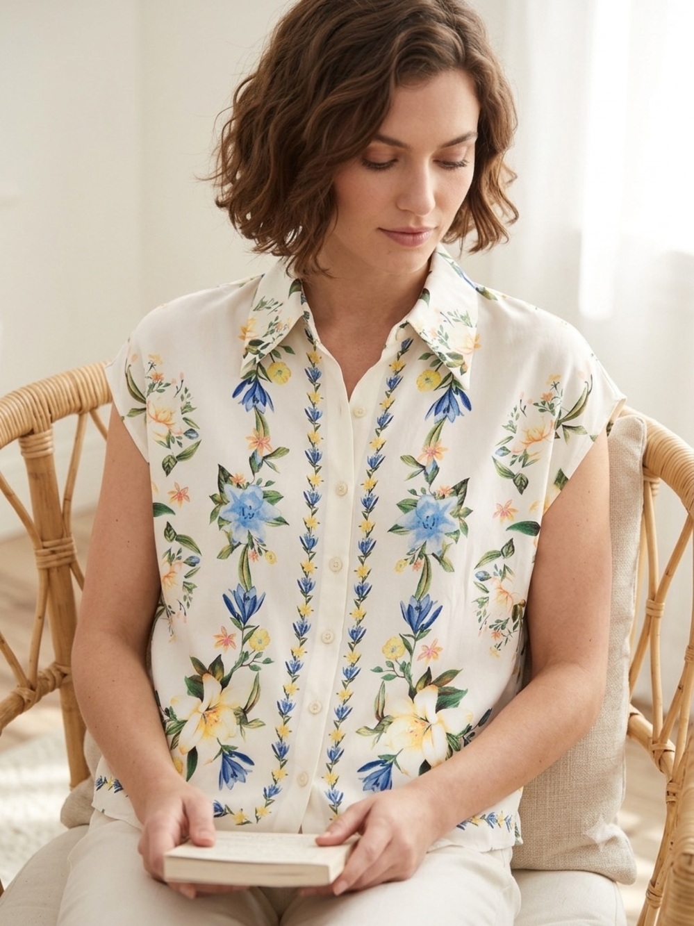 Rachel Zoe Floral Sleeveless Button Up Blouse Size S Cream Blue Yellow High Low